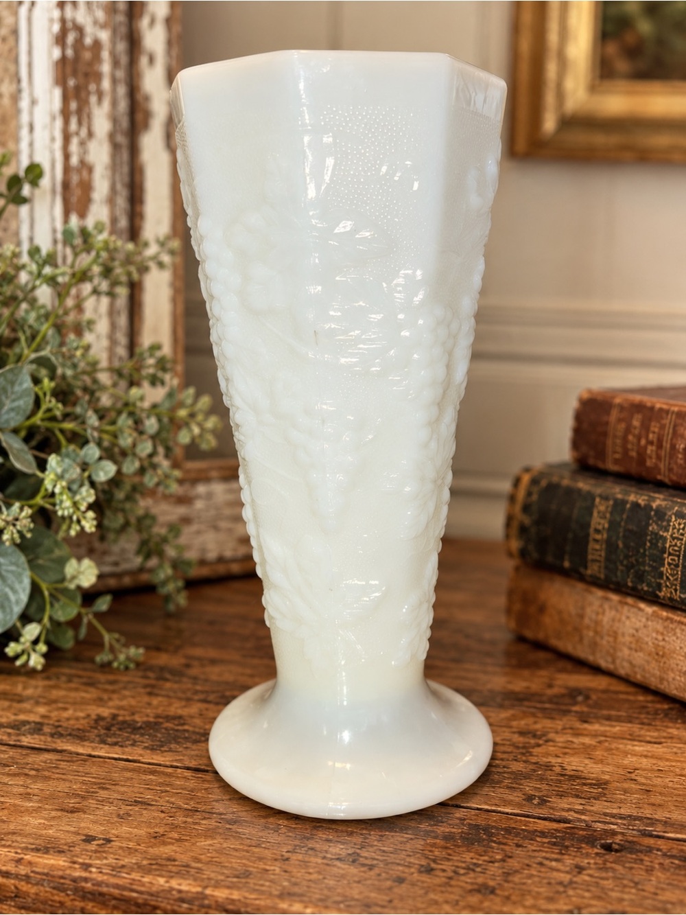 Vintage Milk Glass Grape Vine Pedestal Vase 9.5” Tall Footed White Glass